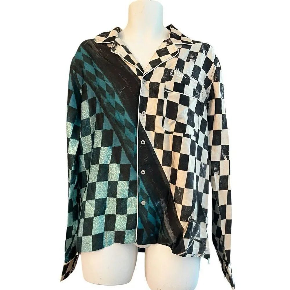 Blue Sky Inn Mens Small Black White Check Pool Oversized Fit Long Sleeve Shirt